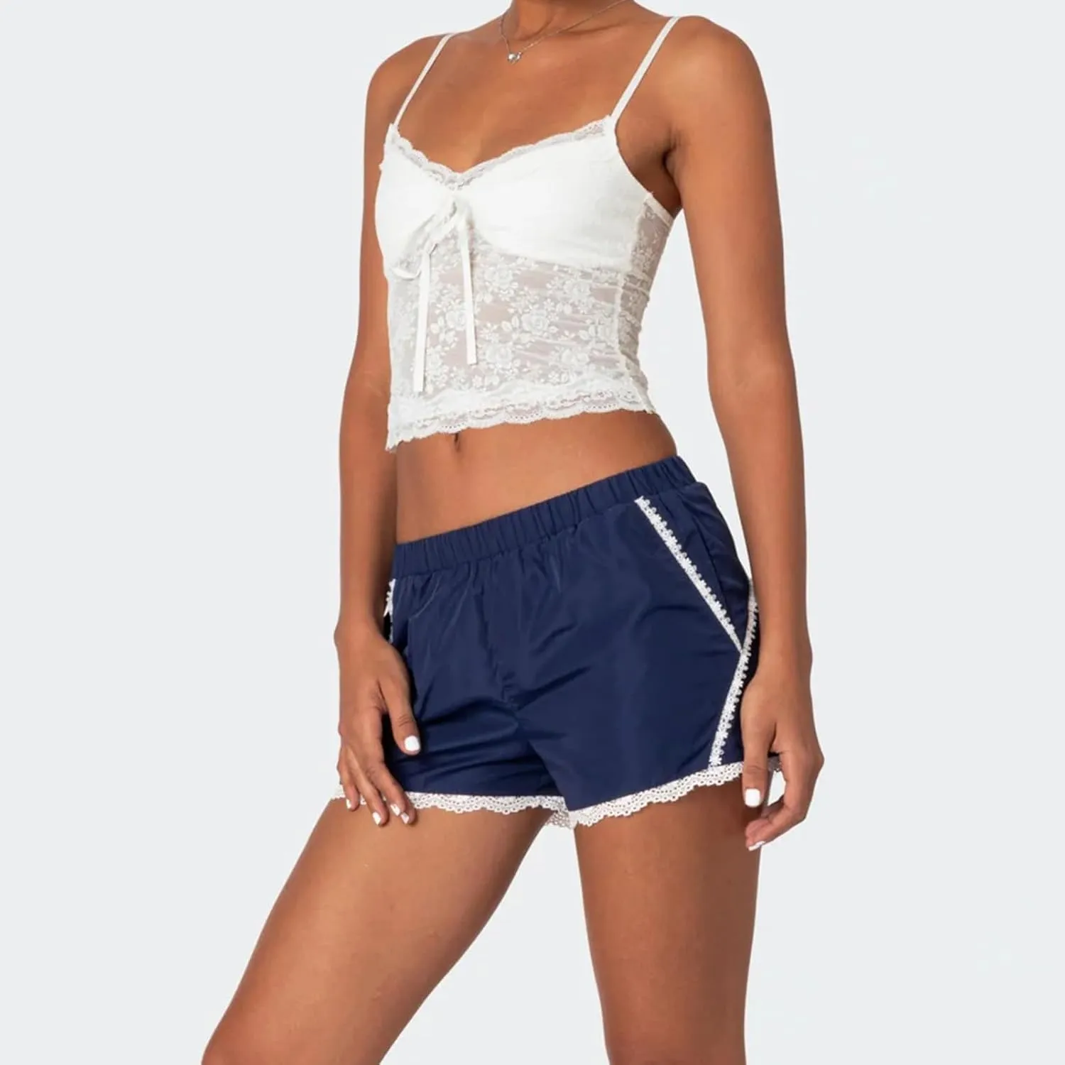 Women Y2k Lace Trim Camisole Spaghetti Strap V Neck Frilly Crop Tops Bow Front Slim Fit Cami Tank Top Streetwear