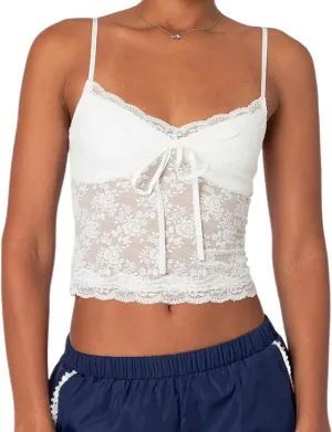 Women Y2k Lace Trim Camisole Spaghetti Strap V Neck Frilly Crop Tops Bow Front Slim Fit Cami Tank Top Streetwear