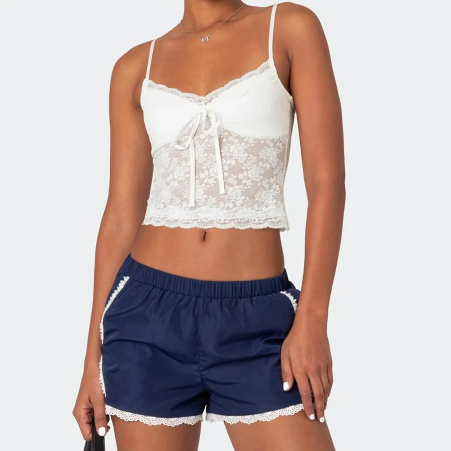 Women Y2k Lace Trim Camisole Spaghetti Strap V Neck Frilly Crop Tops Bow Front Slim Fit Cami Tank Top Streetwear