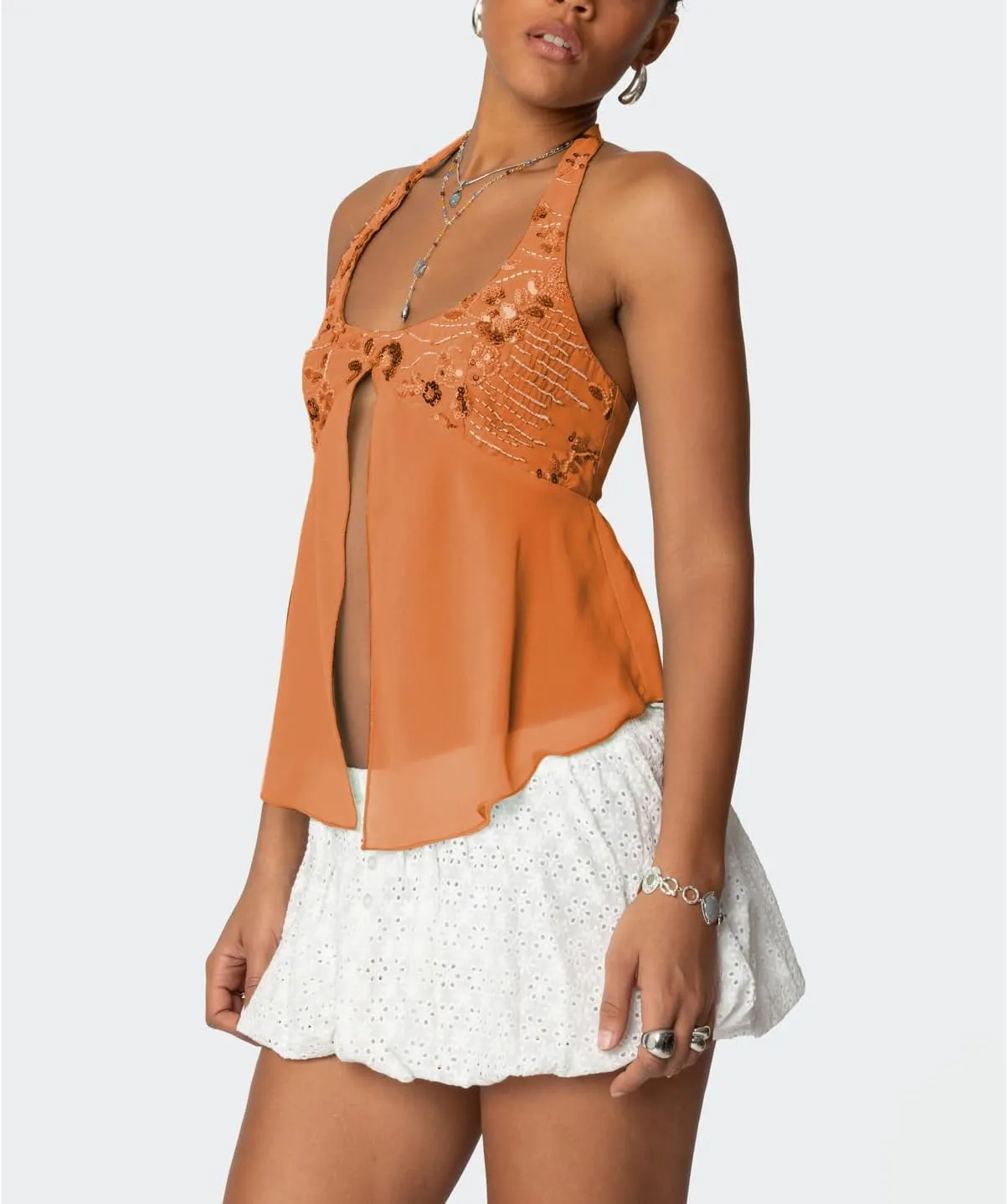 Women Y2K Sequin Cami Tops Sleeveless Scoop Neck Chiffon Patchwork Sparkly Halter Crop Top Split Front Glitter Tank