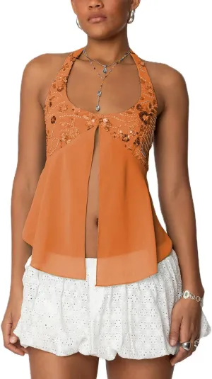 Women Y2K Sequin Cami Tops Sleeveless Scoop Neck Chiffon Patchwork Sparkly Halter Crop Top Split Front Glitter Tank