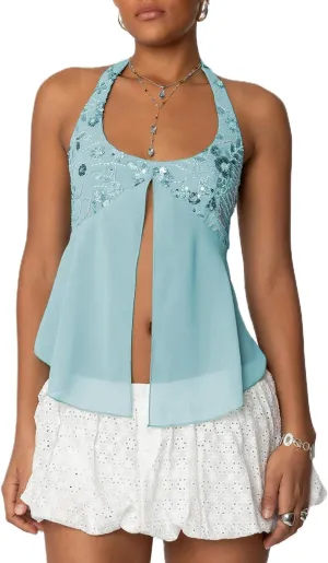 Women Y2K Sequin Cami Tops Sleeveless Scoop Neck Chiffon Patchwork Sparkly Halter Crop Top Split Front Glitter Tank
