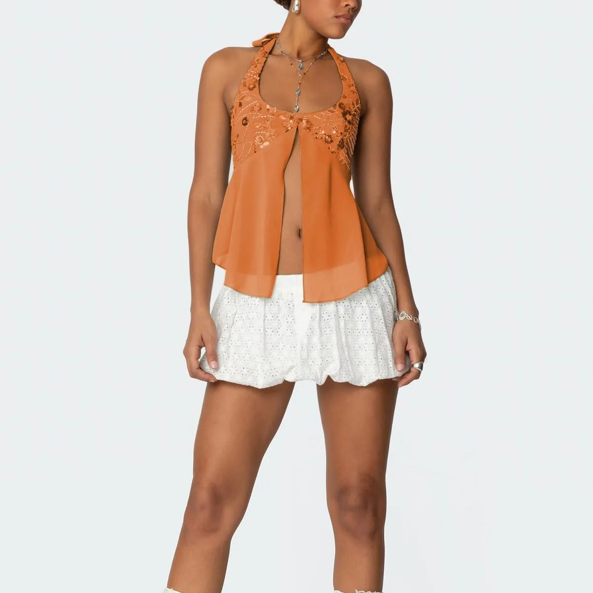 Women Y2K Sequin Cami Tops Sleeveless Scoop Neck Chiffon Patchwork Sparkly Halter Crop Top Split Front Glitter Tank