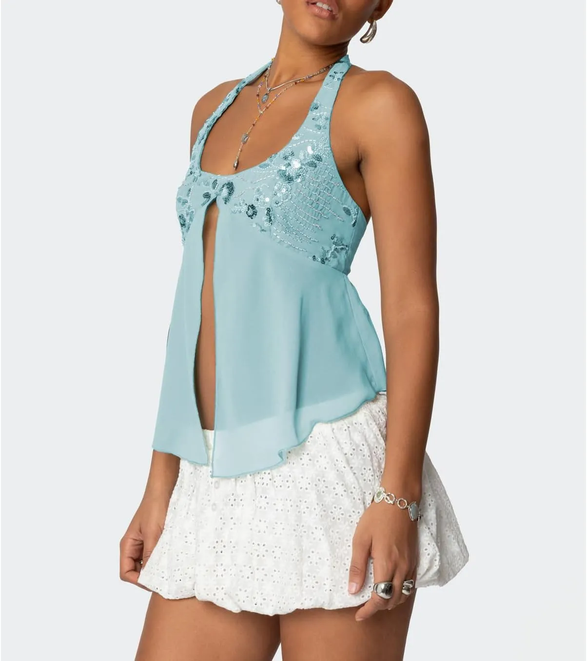 Women Y2K Sequin Cami Tops Sleeveless Scoop Neck Chiffon Patchwork Sparkly Halter Crop Top Split Front Glitter Tank