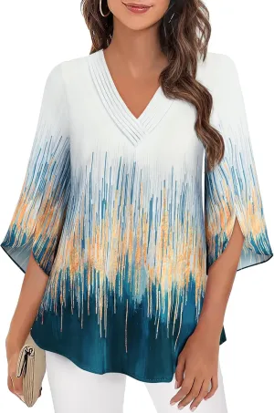 Women's 3/4 Sleeve Tops Pleated V Neck Business Casual Chffion Blouses Dressy Office Work Shirts Loose Fit Tunics