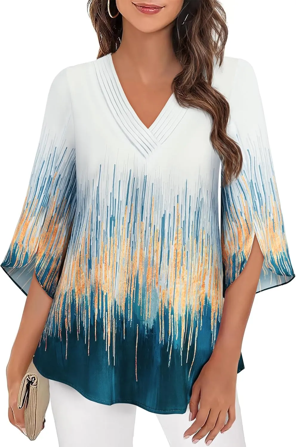Women's 3/4 Sleeve Tops Pleated V Neck Business Casual Chffion Blouses Dressy Office Work Shirts Loose Fit Tunics