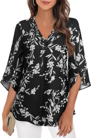 Women's 3/4 Sleeve Tops Pleated V Neck Business Casual Chffion Blouses Dressy Office Work Shirts Loose Fit Tunics