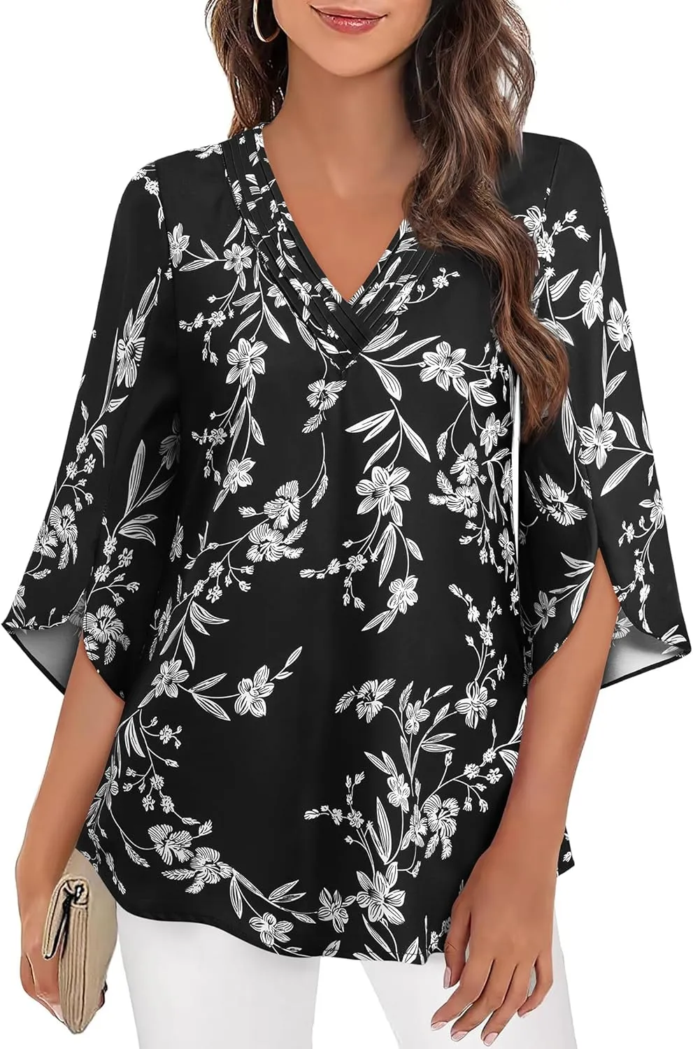 Women's 3/4 Sleeve Tops Pleated V Neck Business Casual Chffion Blouses Dressy Office Work Shirts Loose Fit Tunics