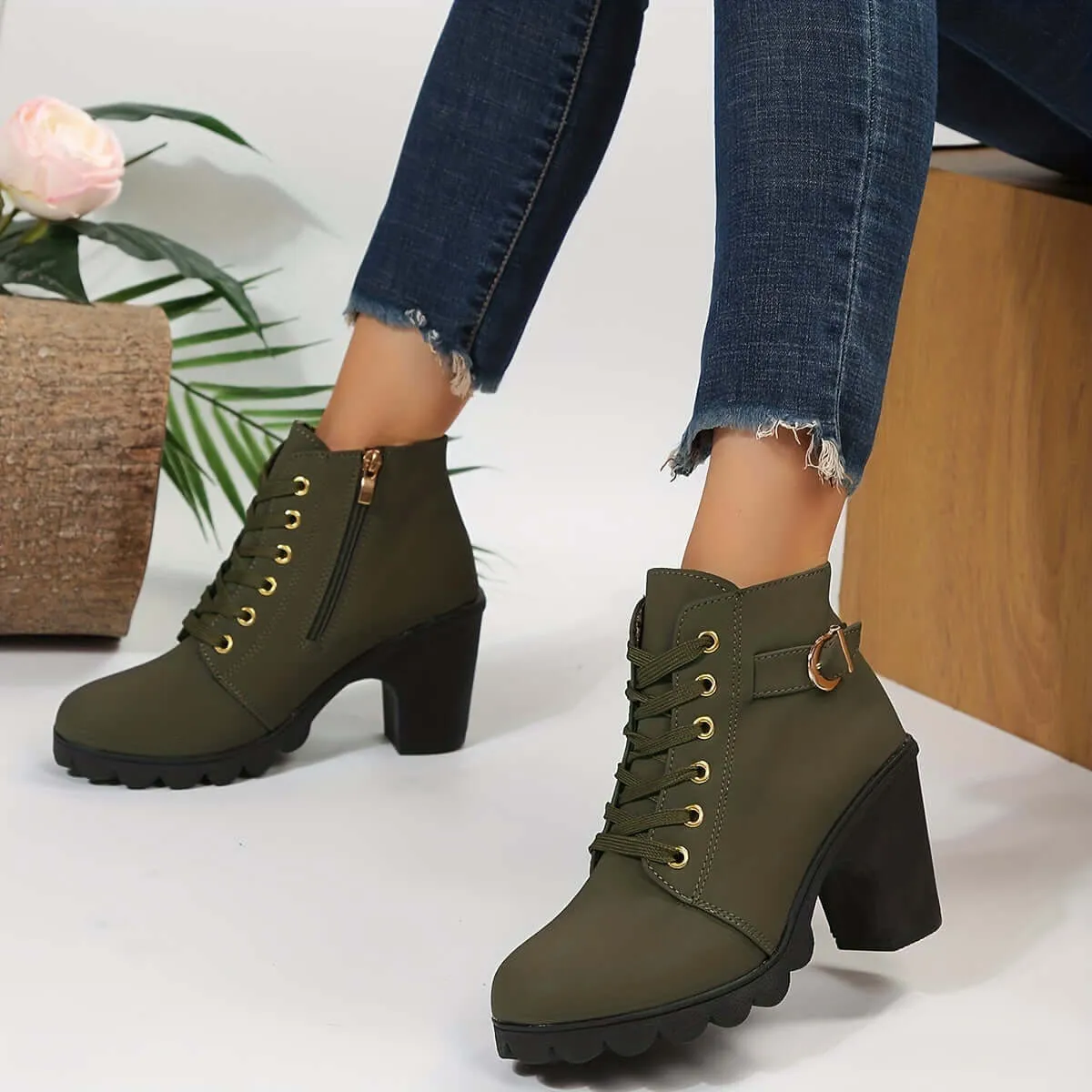 Women's Ankle Boots: Block Heel, Lace-Up, Zipper, Buckle