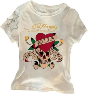 Women's Gothic Heart Graphic Tees Short Sleeve Crew Neck Slim Fit T Shirt Vintage Y2K Tops