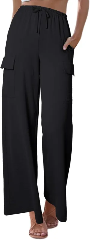 Womens Linen Pants Casual High Waist Wide Leg Drawstring Frilled Trousers with Pocket