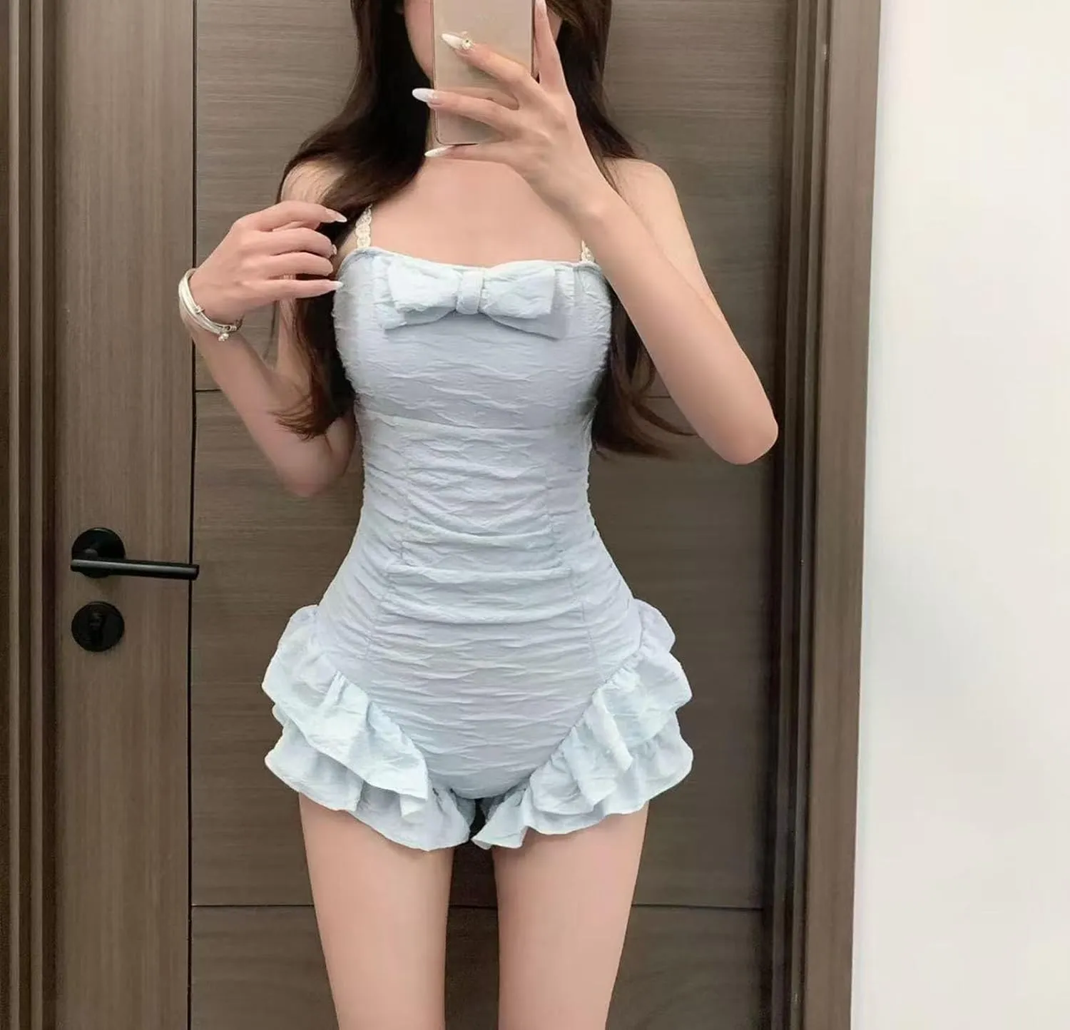 Womens Retro Ruffle Full Coverage One Piece Swimsuits Cute Bow Tummy Control Swimwear Ruched Bathing Suits