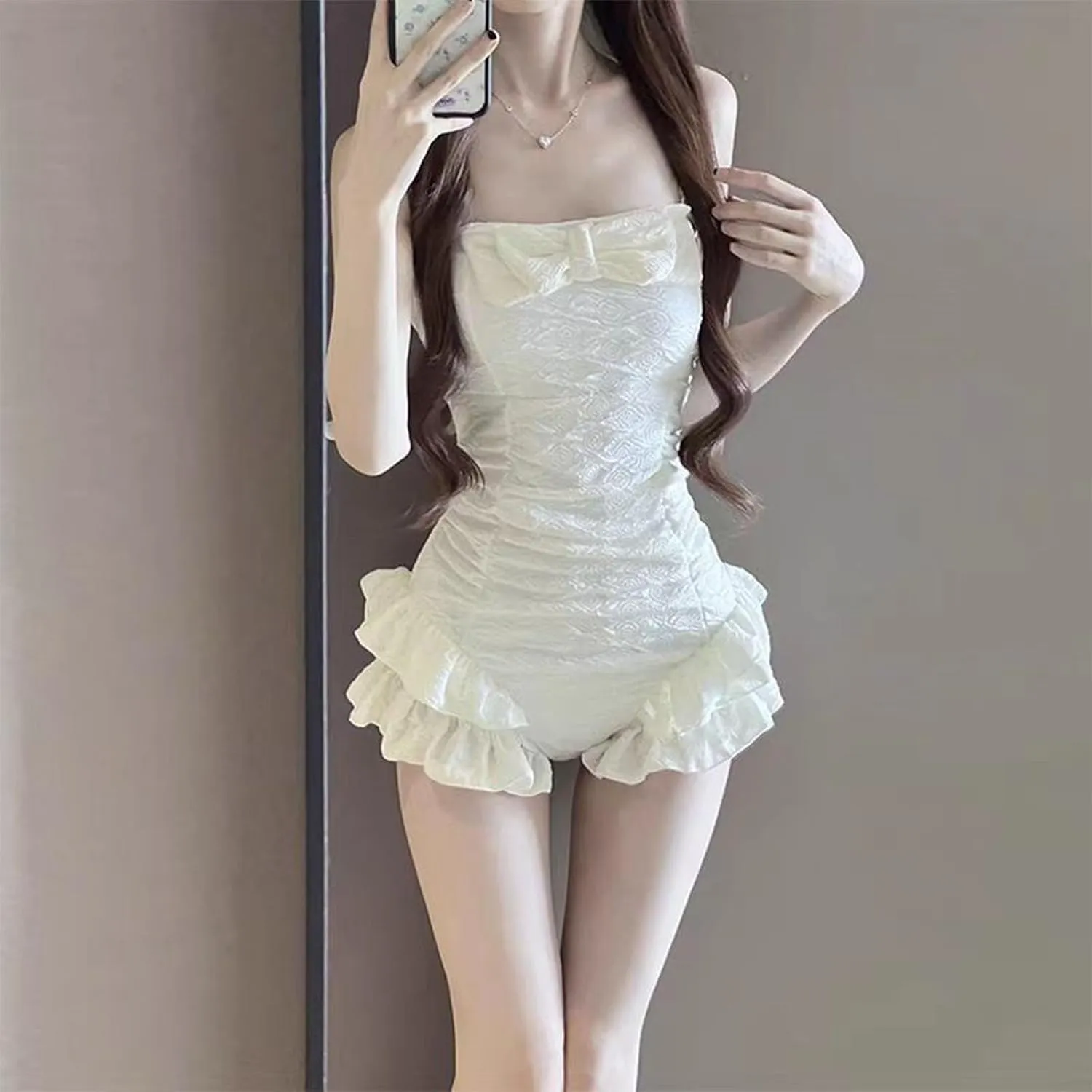 Womens Retro Ruffle Full Coverage One Piece Swimsuits Cute Bow Tummy Control Swimwear Ruched Bathing Suits