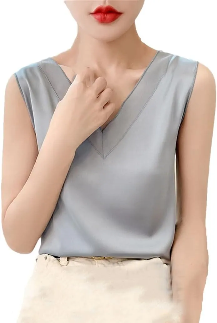 Women's Sleeveless Mulberry-Silk Camisole Summer V-Neck Satin Tank Tops Inside Vest
