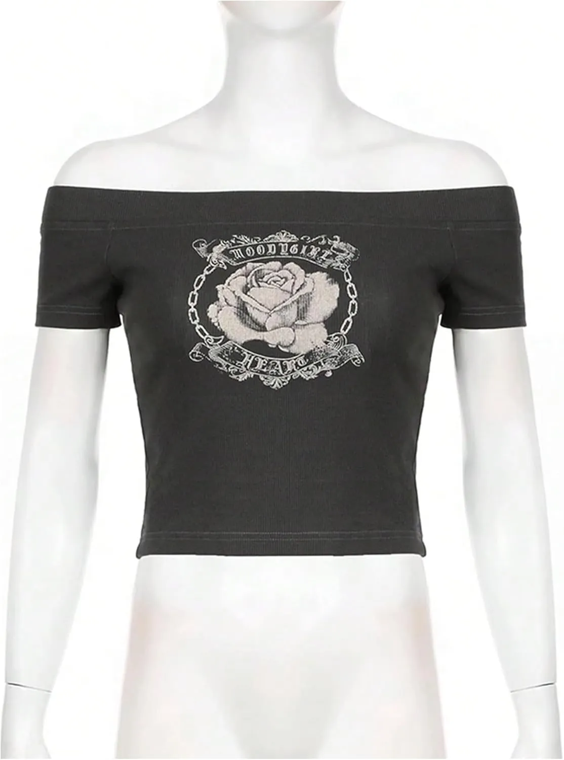 Women's Y2K Floral Graphic Tees Off The Shoulder Short Sleeve Crop Tops Fitted Vintage T Shirt