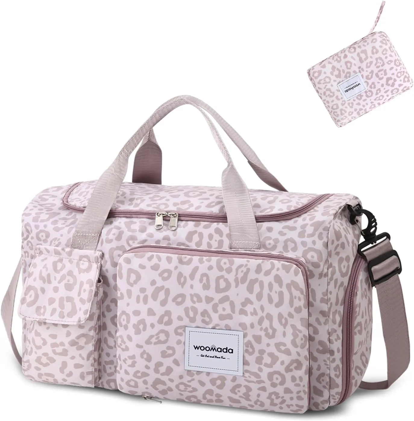 WOOMADA Foldable Travel Duffel Bag with Shoes Compartment, Overnight Bag with Wet Pocket & Trolley Sleeve, Weekender Bags for Women(A-pink leopard)