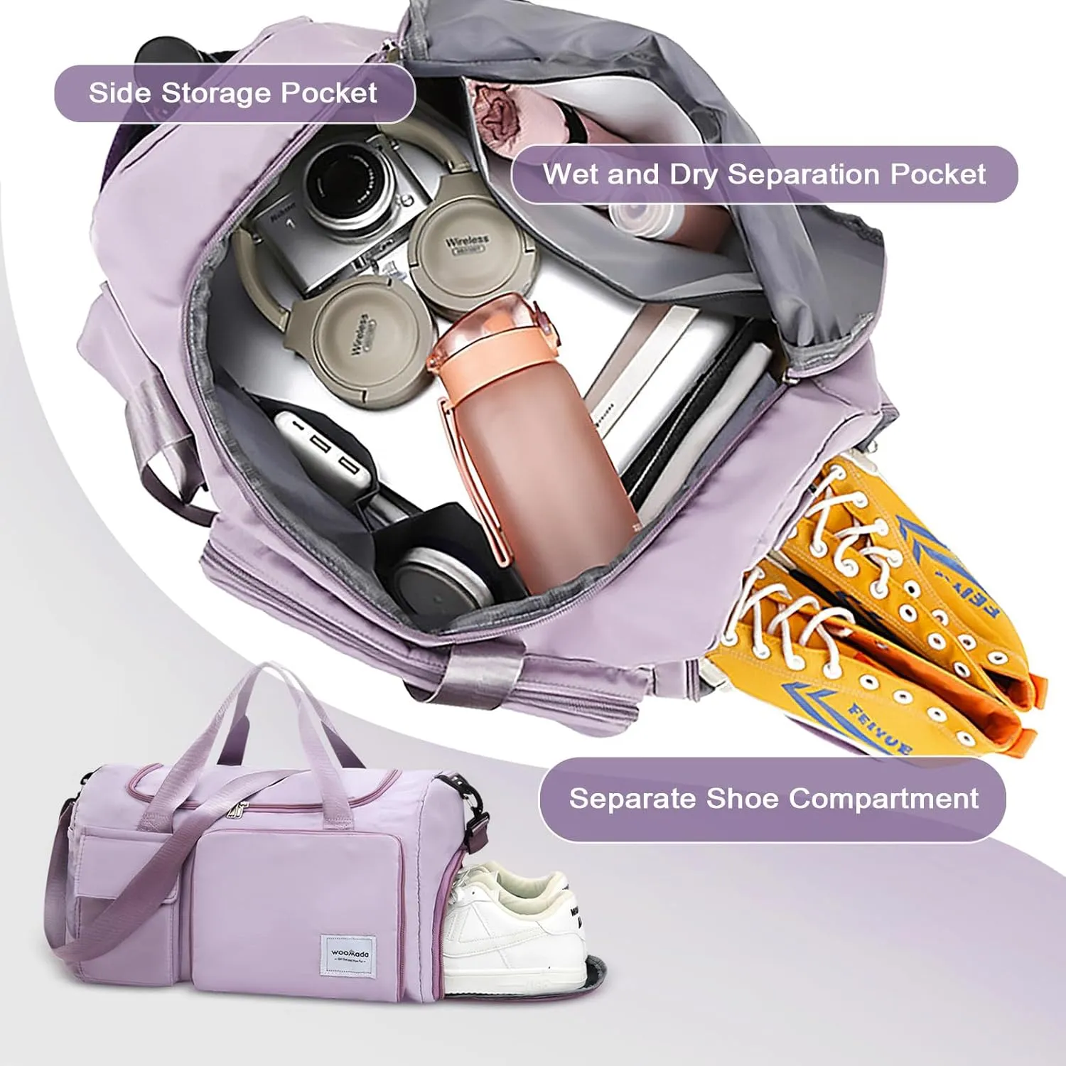 WOOMADA Foldable Travel Duffel Bag with Shoes Compartment, Overnight Bag with Wet Pocket & Trolley Sleeve, Weekender Bags for Women(B-black leopard)