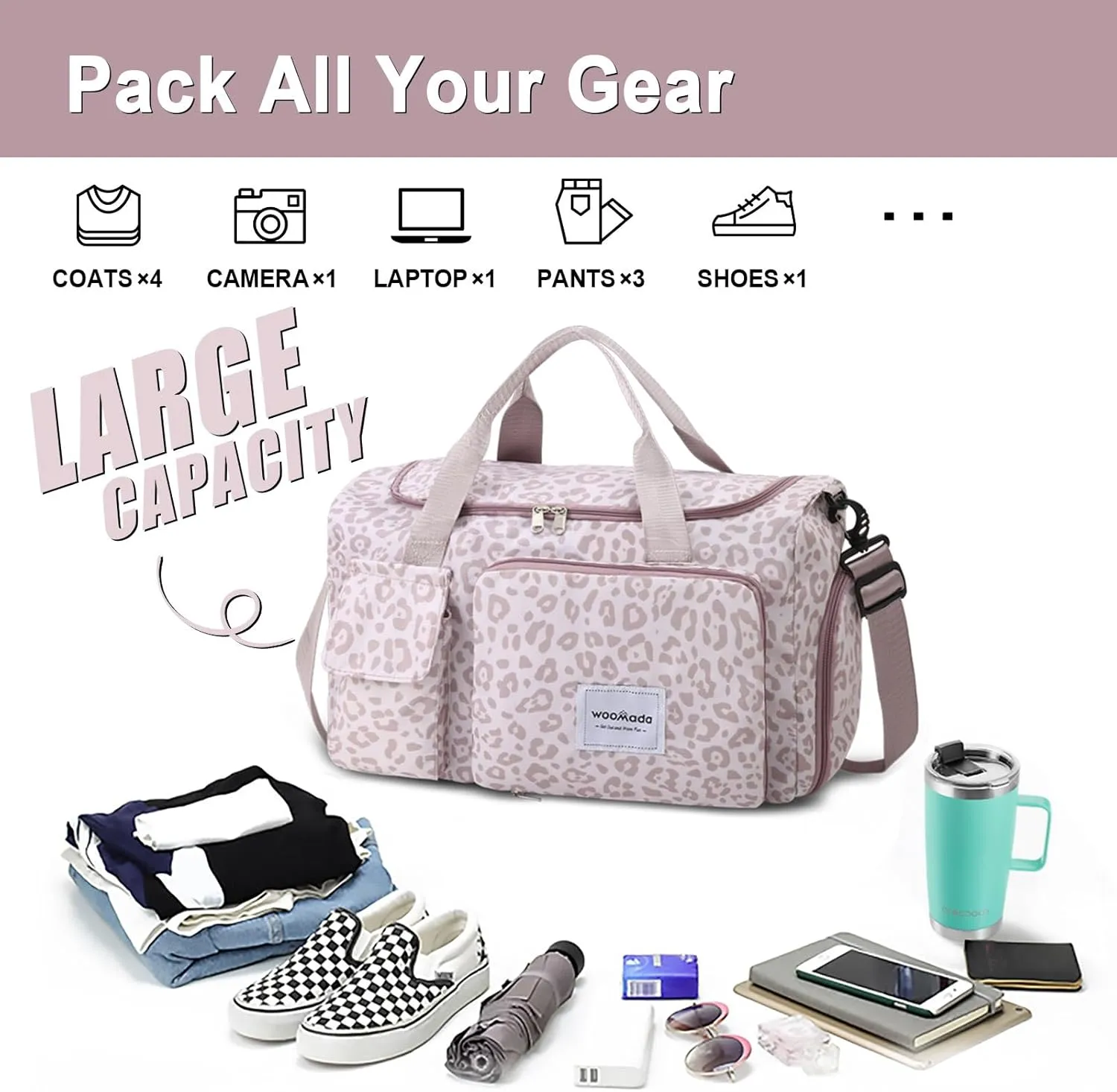 WOOMADA Foldable Travel Duffel Bag with Shoes Compartment, Overnight Bag with Wet Pocket, Weekender Carry On with cosmetic bag for Womenpink leopard