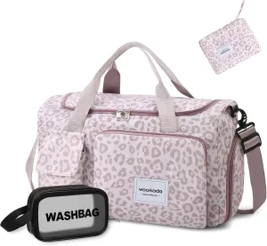 WOOMADA Foldable Travel Duffel Bag with Shoes Compartment, Overnight Bag with Wet Pocket, Weekender Carry On with cosmetic bag for Womenpink leopard