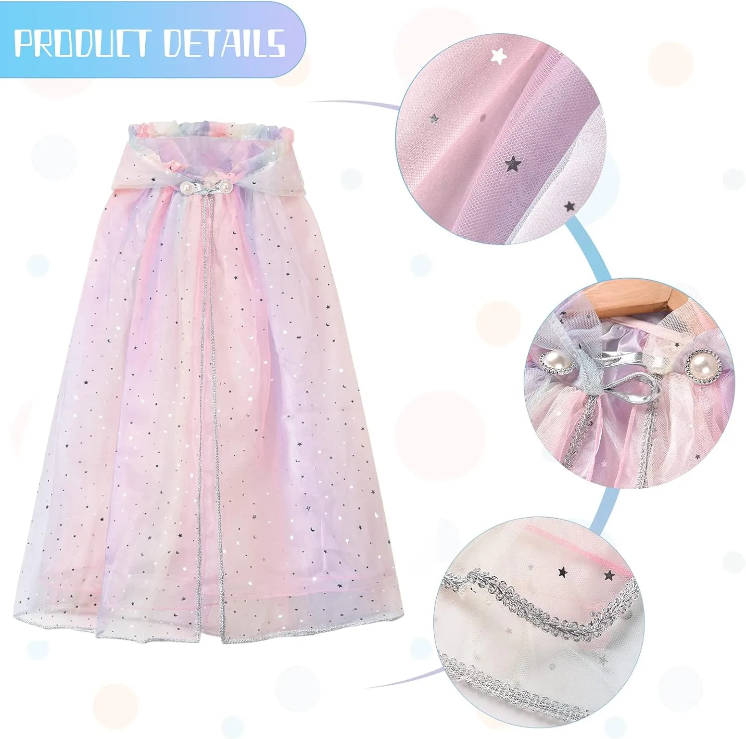 XEPST Princess Hooded Cape With Colorful Cloak, Fancy Dress Accessories Sparkling Sequins Cape for Girls
