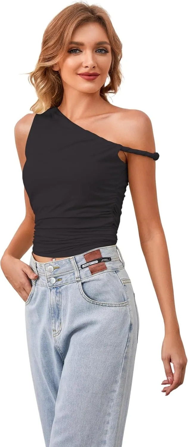 Ythomm Women One Shoulder Ruched Crop Tank Tops Casual Off The Shoulder Twist Strap Summer Tanks Tops Going Out Crop Shirts