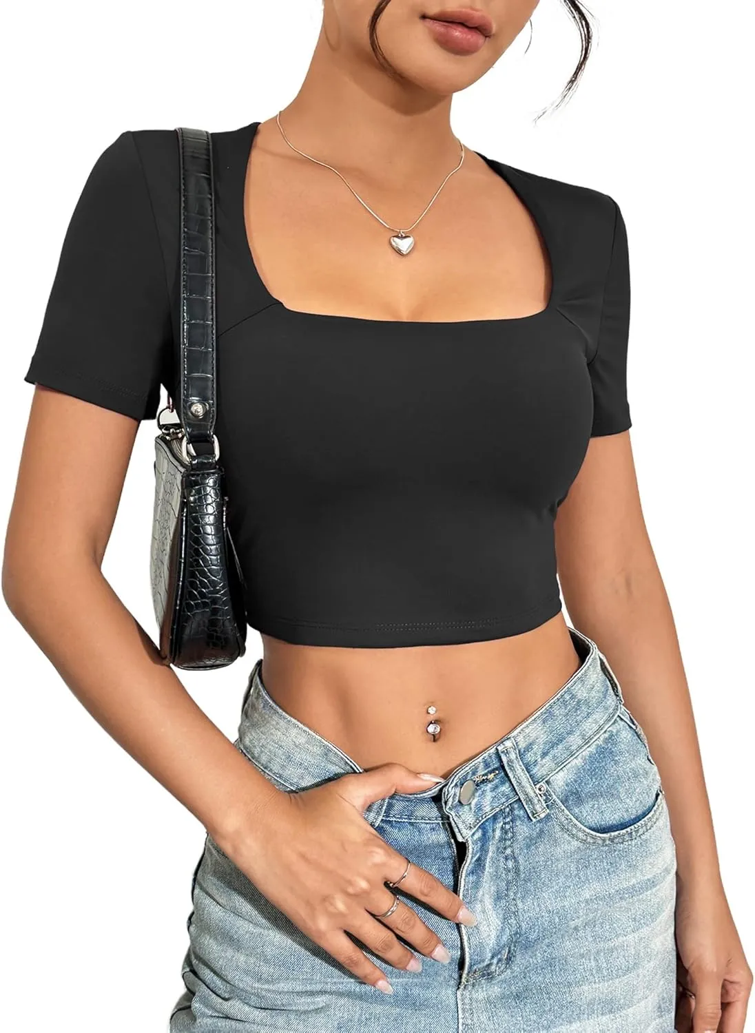 Zeagoo Women's Short Sleeve Crop Tops Double Lined Basic Slim Fit T Shirt Square Neck Summer Tees