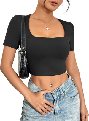 Zeagoo Women's Short Sleeve Crop Tops Double Lined Basic Slim Fit T Shirt Square Neck Summer Tees